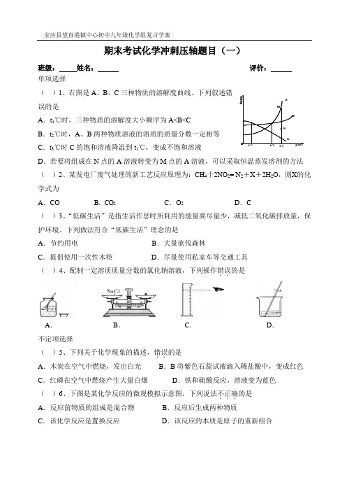 九年级上学期期末考试化学冲刺压轴题目