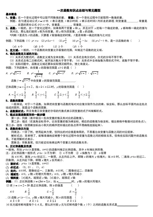 一次函数知识点总结与常见题型