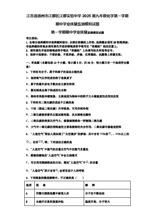 江苏省扬州市江都区江都实验中学2025届九年级化学第一学期期中学业质量监测模拟试题含解析