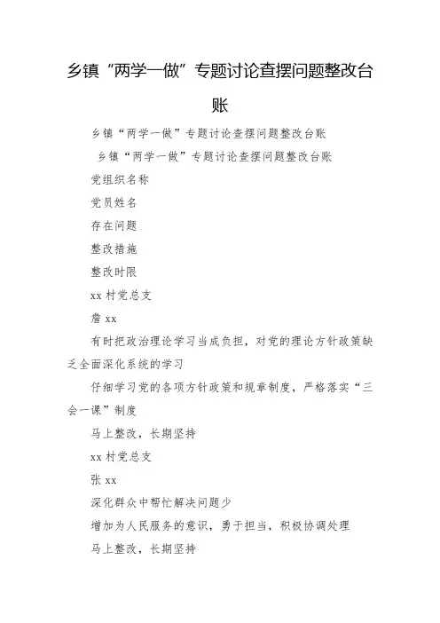 乡镇“两学一做”专题讨论查摆问题整改台账