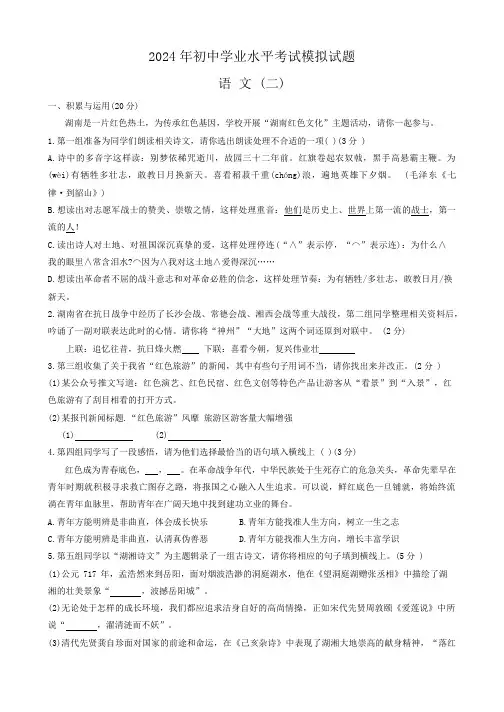 2024年湖南省岳阳市中考二模语文试卷