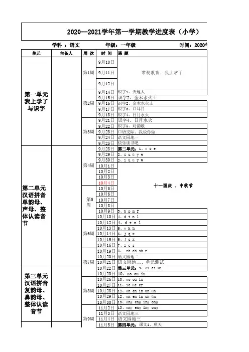 一年级上册语文  进度表