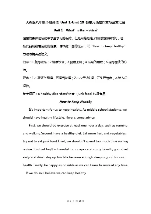 【直接打印】人教版八年级下册英语 Unit 1-Unit 10 各单元话题作文与范文汇编