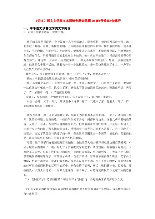 (语文)语文文学类文本阅读专题训练题20套(带答案)含解析