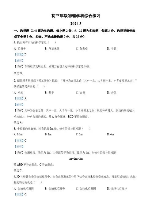2024年吉林省长春市东北师大附中明珠学校九年级中考一模物理模拟试题(解析版)