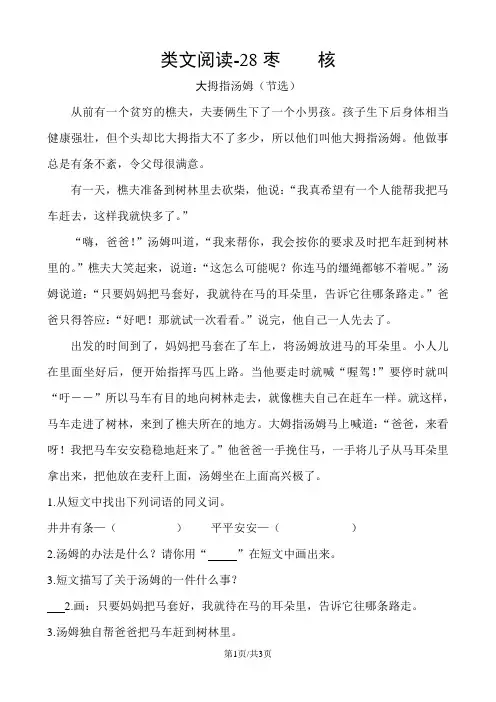 部编版三年级语文下册 课时训练-28枣核(含答案)