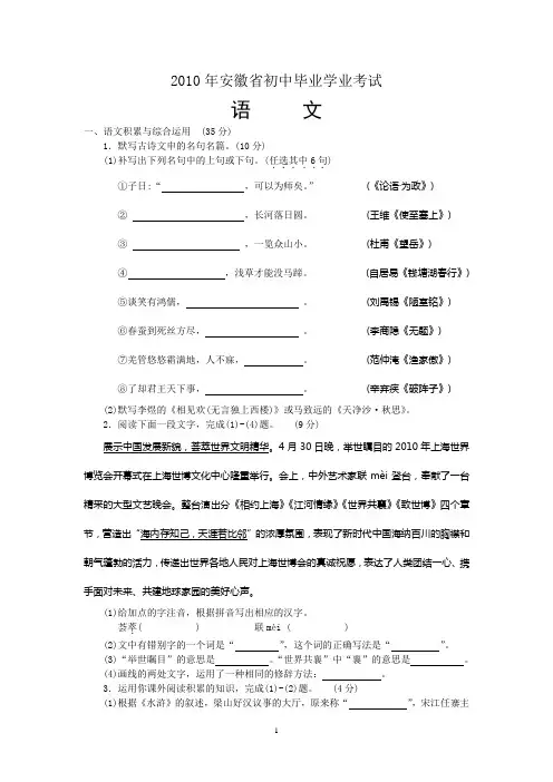 2010年安徽省中考试题及答案