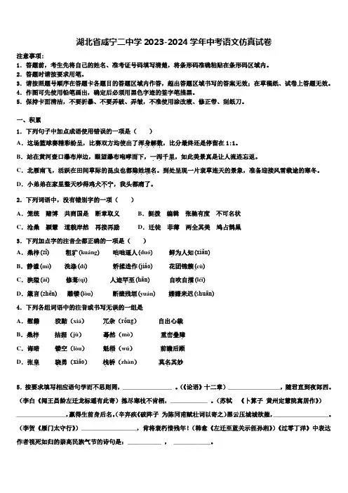 湖北省咸宁二中学2023-2024学年中考语文仿真试卷含解析