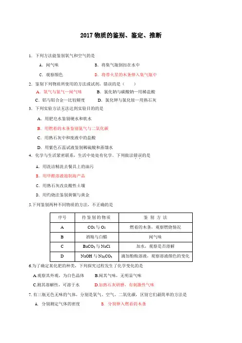2017年中考化学专题练习 物质的鉴别、鉴定、推断(含答案)