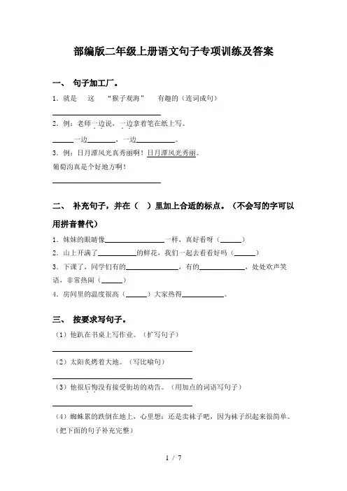 部编版二年级上册语文句子专项训练及答案