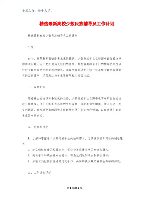 精选最新高校少数民族辅导员工作计划