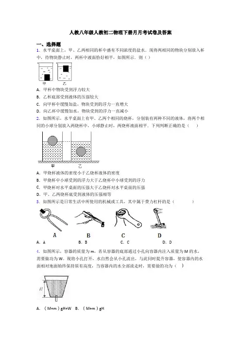 人教八年级人教初二物理下册月月考试卷及答案
