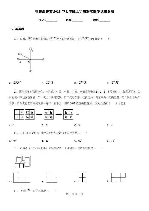 呼和浩特市2019年七年级上学期期末数学试题B卷