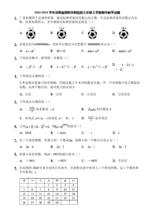2022-2023学年河南省南阳市桐柏县七年级上学期期中数学试题