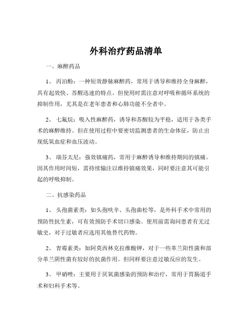 外科治疗药品清单
