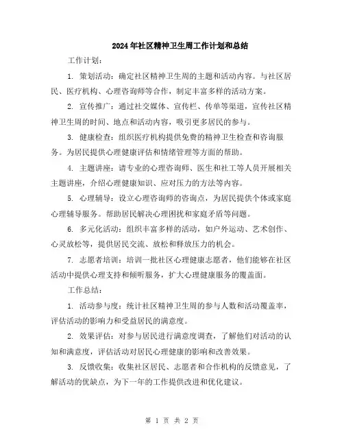 2024年社区精神卫生周工作计划和总结