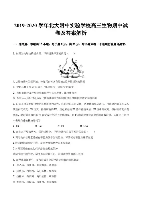 2019-2020学年北大附中实验学校高三生物期中试卷及答案解析