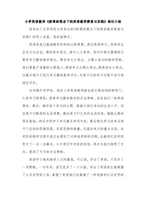 小学英语教师《新课标理念下的英语教学探索与实践》培训小结