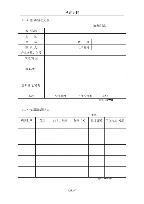 售后维修部表格