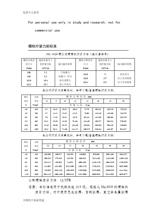 螺栓拧紧力矩及标准