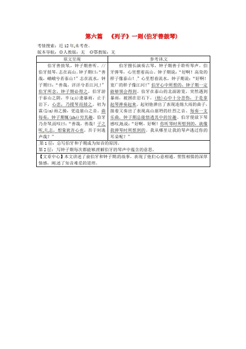 中考语文试题研究 第二部分 古诗文积累与阅读 专题二 文言文阅读 第六篇《列子》一则(伯牙善鼓琴)素材