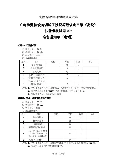 河南省职业技能等级认定试卷 真题 广电和通信设备调试工高级 考场、考生准备通知单 (2)