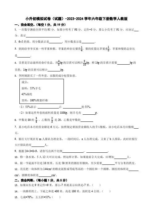 2023-2024学年六年级下册数学人教版小升初模拟试卷试题(含答案)