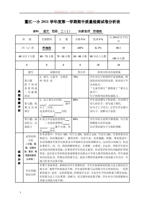 第一学期期中质量检测试卷分析表 (1)