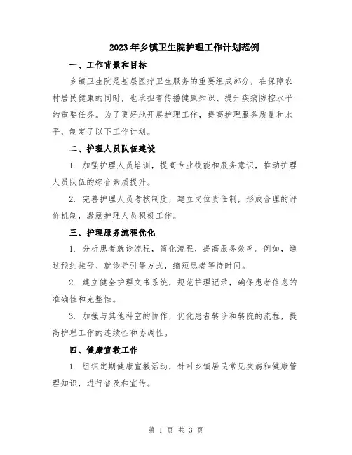 2023年乡镇卫生院护理工作计划范例