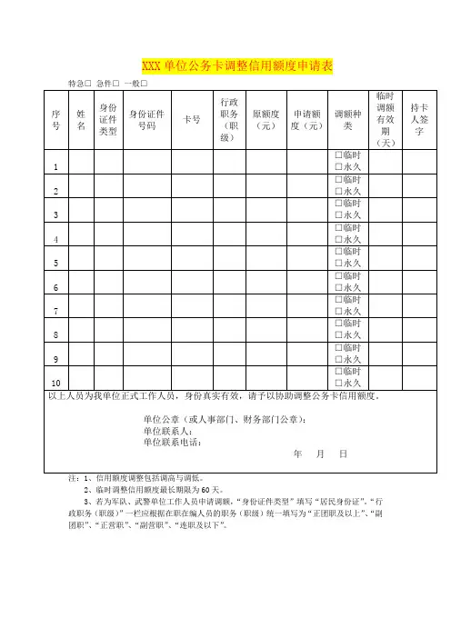 调整信用额度申请表模板