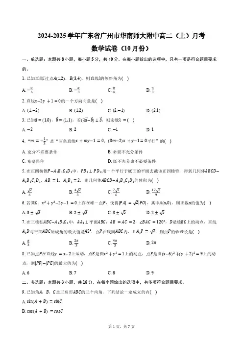 广东省广州市华南师大附中2024-2025学年高二(上)月考数学试卷(10月份)(含答案)