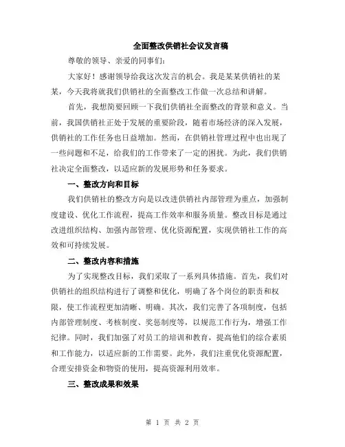 全面整改供销社会议发言稿