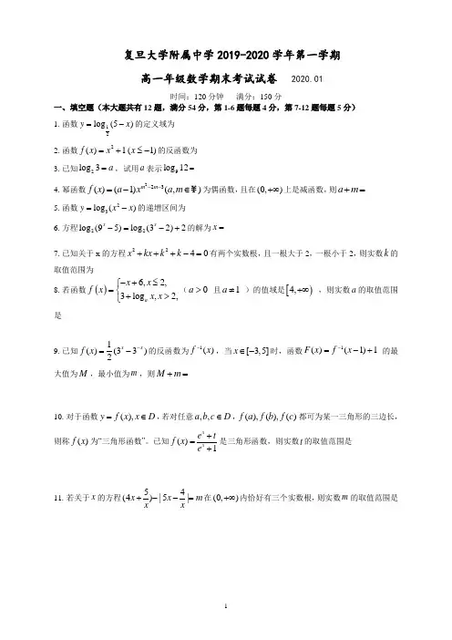 上海市复旦附中2019-2020学年度高一数学第一学期期末考试(详解版)