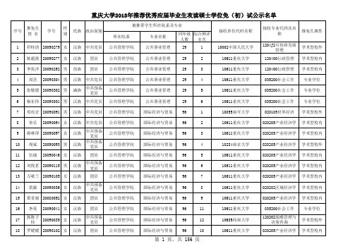 重庆大学2013年推荐优秀应届毕业生攻读硕士学位免(初)试公示名单
