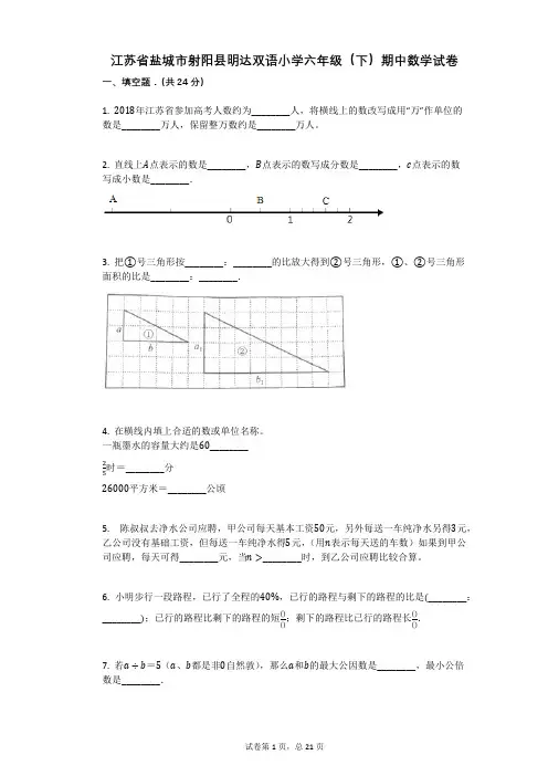 江苏省盐城市射阳县明达双语小学六年级(下)期中数学试卷有答案