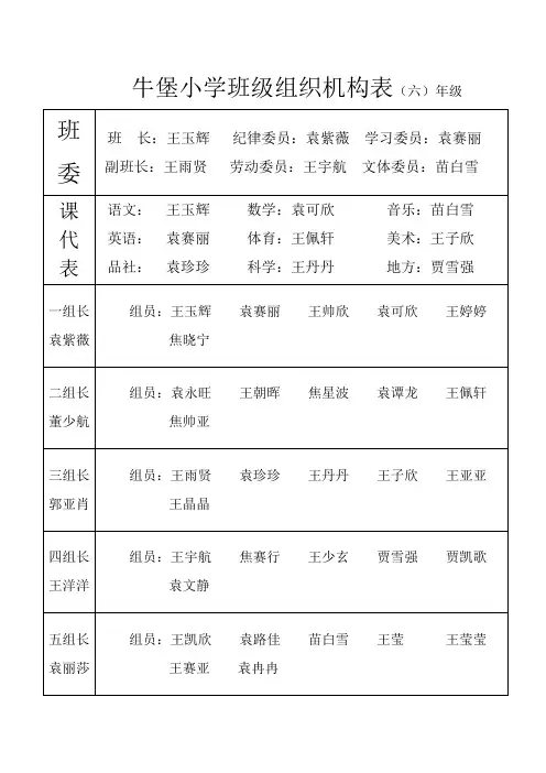 牛堡小学班级组织机构表