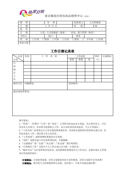 工作日清记录报表