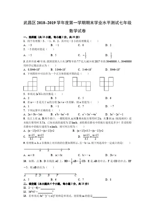 武昌区2018~2019学年度第一学期期末学业水平测试七年级数学试卷
