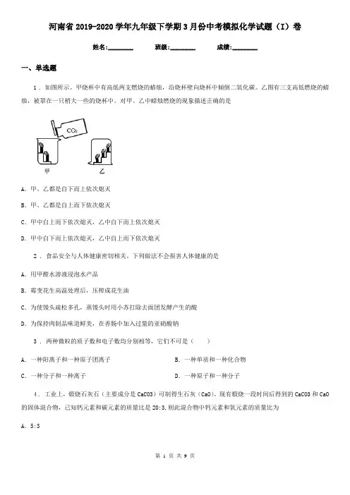 河南省2019-2020学年九年级下学期3月份中考模拟化学试题(I)卷