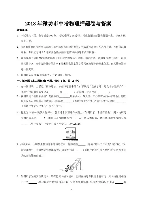 2018年潍坊市中考物理押题卷与答案