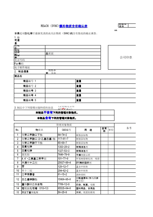 REACH (SVHC)候补物质含有确认表