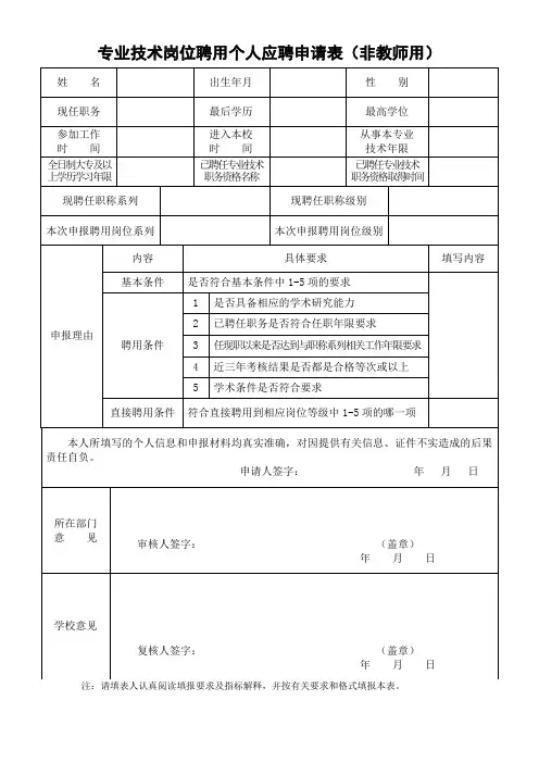 专业技术岗位聘用个人应聘申请表(非教师用)
