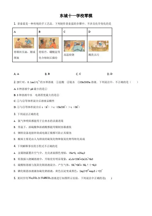 精品解析：北京市东城区十一学校2020届高三联考零模化学试题(原卷版)