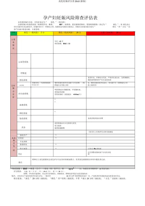高危妊娠评分表2018(新版)