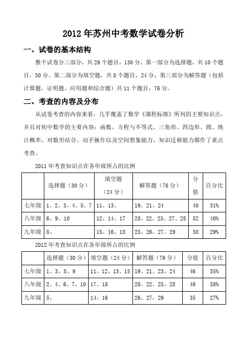 2012年苏州中考数学分析