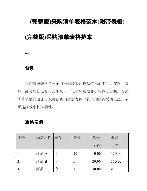 (完整版)采购清单表格范本(附带表格)