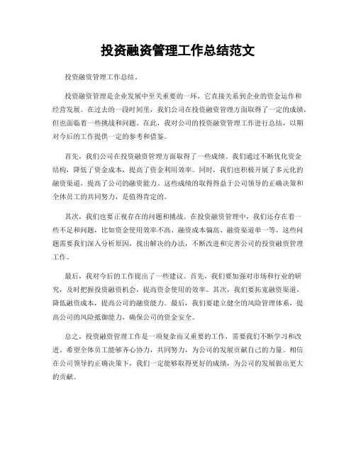 投资融资管理工作总结范文