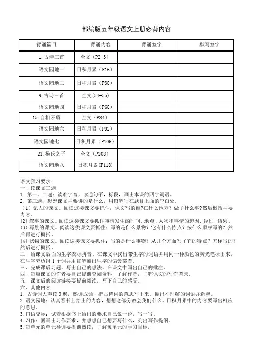 部编版五年级语文下册背诵闯关表和预习要求
