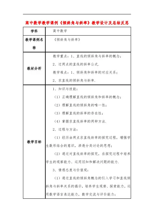 高中数学教学课例《倾斜角与斜率》课程思政核心素养教学设计及总结反思