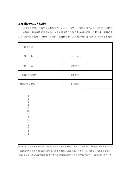 主要项目管理人员简历表